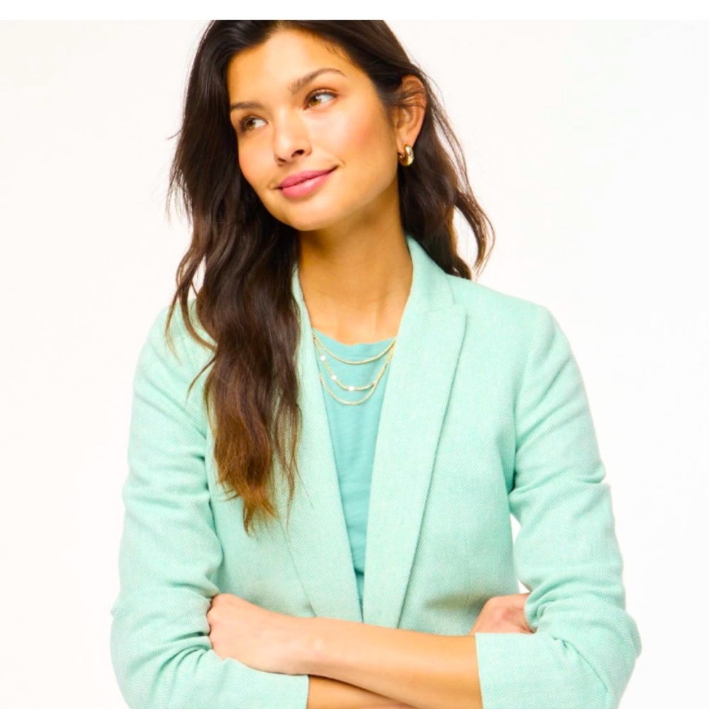 J.Crew  2 button linen jacket, size 8, in green with navy and white striped cuff